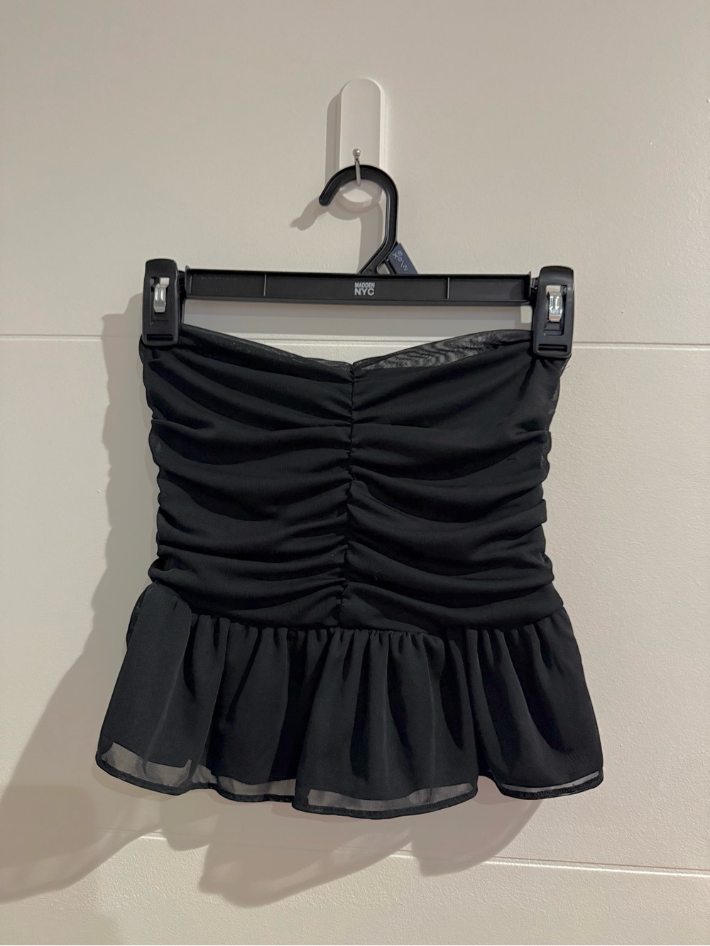 Express Black Strapless Ruched Peplum Top
